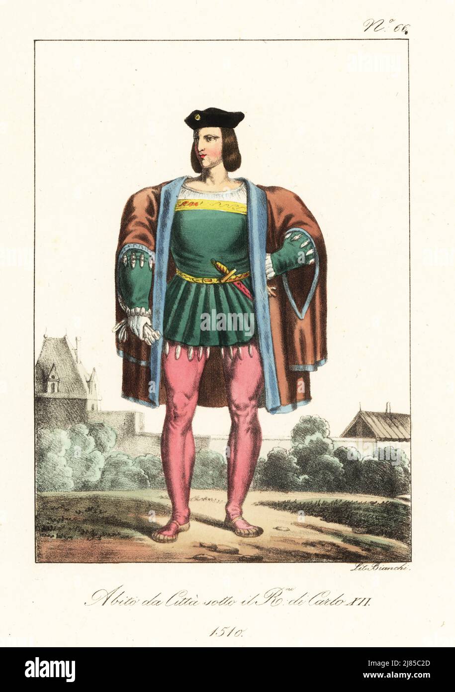 Bourgeois français, 1510. En casquette, manteau de velours à manches fendues, doublet, ceinture avec poignard, tuyau, chaussures. Règne du roi Louis XII Costume de ville sous le Regne de Louis XII Lithographie de couleur main par Lorenzo Bianchi d'après Hippolyte Lecomte de Costuci civili e militarari della monarchia francese dal 1200 al 1820, Naples, 1825. Édition italienne des costumes civils et militaires de Lecomte de la monarchie française de 1200 à 1820. Banque D'Images