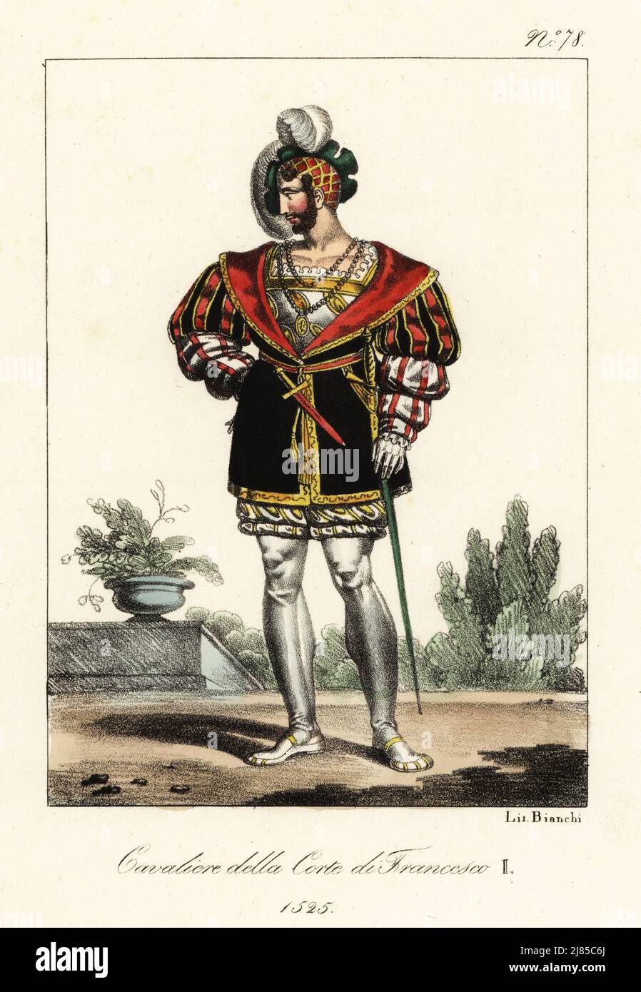 Seigneur à la cour du roi François I, 1525. En chapeau plumé, enduire de manches écrasées, de doublet brodé, de tuyau, d'épée et de poignard dans la ceinture. Seigneur de la Cour de François I. lithographie de couleur main de Lorenzo Bianchi d'après Hippolyte Lecomte de Costuci civili e militari della monarchia francese dal 1200 al 1820, Naples, 1825. Édition italienne des costumes civils et militaires de Lecomte de la monarchie française de 1200 à 1820. Banque D'Images