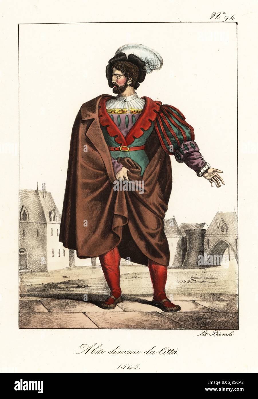 Homme bourgeois français, 1545. En bouchon plumé, cape, doublet avec manchons écrasés, flexible, chaussures. Costume d'Homme à la ville. Lithographie de couleur main par Lorenzo Bianchi d'après Hippolyte Lecomte de Costuci civili e militarari della monarchia francese dal 1200 al 1820, Naples, 1825. Édition italienne des costumes civils et militaires de Lecomte de la monarchie française de 1200 à 1820. Banque D'Images