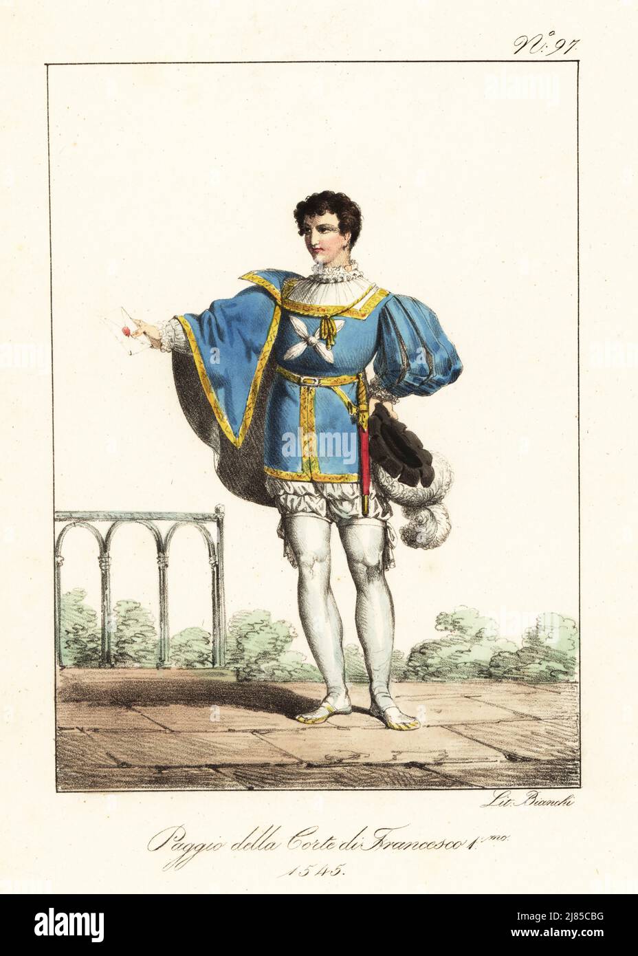 Costume d'une page à la cour du roi François Ier, France, 1545. Avec chapeau plumé, cape courte, double avec manches écrasées et broderie dorée, culottes, boyau, poignard. Page de la Cour de François I. 1545. Lithographie de couleur main par Lorenzo Bianchi d'après Hippolyte Lecomte de Costuci civili e militarari della monarchia francese dal 1200 al 1820, Naples, 1825. Édition italienne des costumes civils et militaires de Lecomte de la monarchie française de 1200 à 1820. Banque D'Images