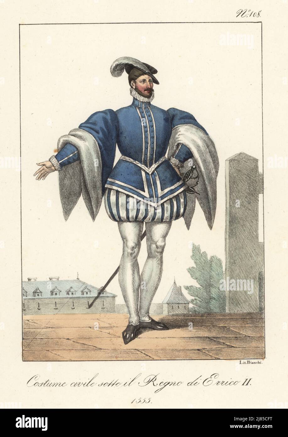 Homme français sous le règne du roi Henri II, 1555. En casquette plombé,  doublet court à manches complètes, doublés de fourrure, culottes, boyaux,  chaussures écrasées, épée. Habiter civil sous le Regne de