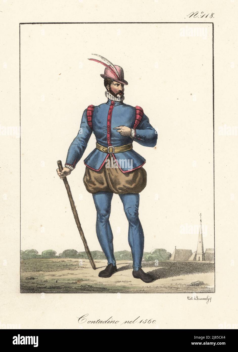 Paysan français en 1560. En chapeau plumé, collier à revers, double, culottes, pantalons, avec le personnel. Paysan 1560. Lithographie de couleur main par Lorenzo Bianchi d'après Hippolyte Lecomte de Costuci civili e militarari della monarchia francese dal 1200 al 1820, Naples, 1825. Édition italienne des costumes civils et militaires de Lecomte de la monarchie française de 1200 à 1820. Banque D'Images