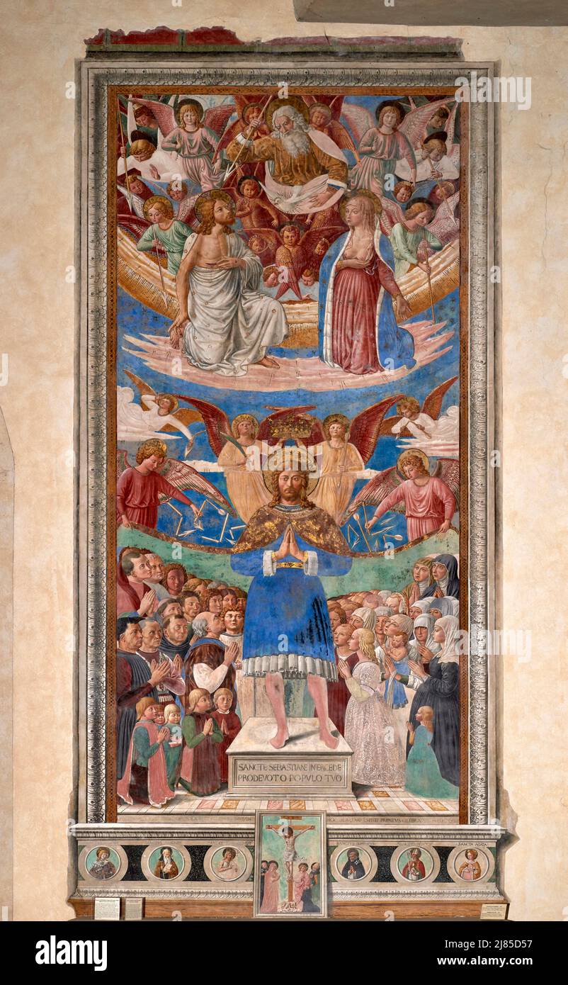 San Sebastiano protegge il popolo di San Gimignano - affresco - Benozzo Gozzoli - 1464 - San Gimignano (si) ,Italia,chiesa di S.Agostino Banque D'Images