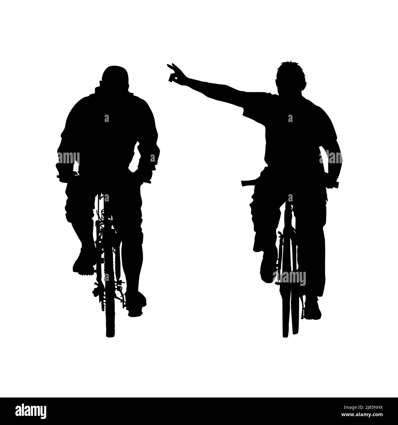 Silhouette des cyclistes. Vue de face de deux cyclistes. Les amis du vélo en plein air s'amusent à faire du vélo. Activités de loisirs urbaines en été. Vecteur Illustration de Vecteur