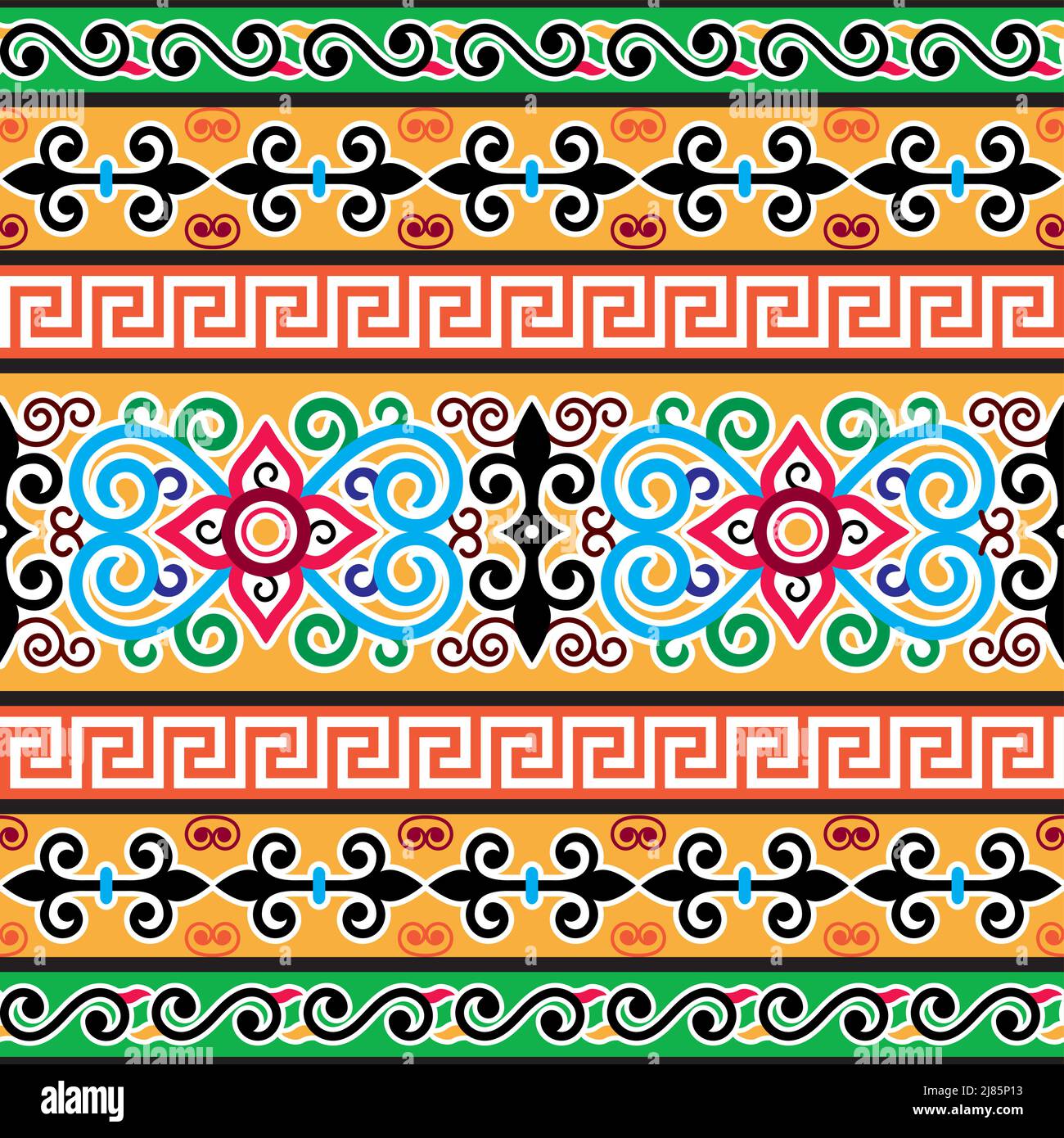 Art populaire mongol motif vectoriel sans couture avec fleurs et tourbillons, tissu traditionnel ou imprimé en tissu coloré Illustration de Vecteur