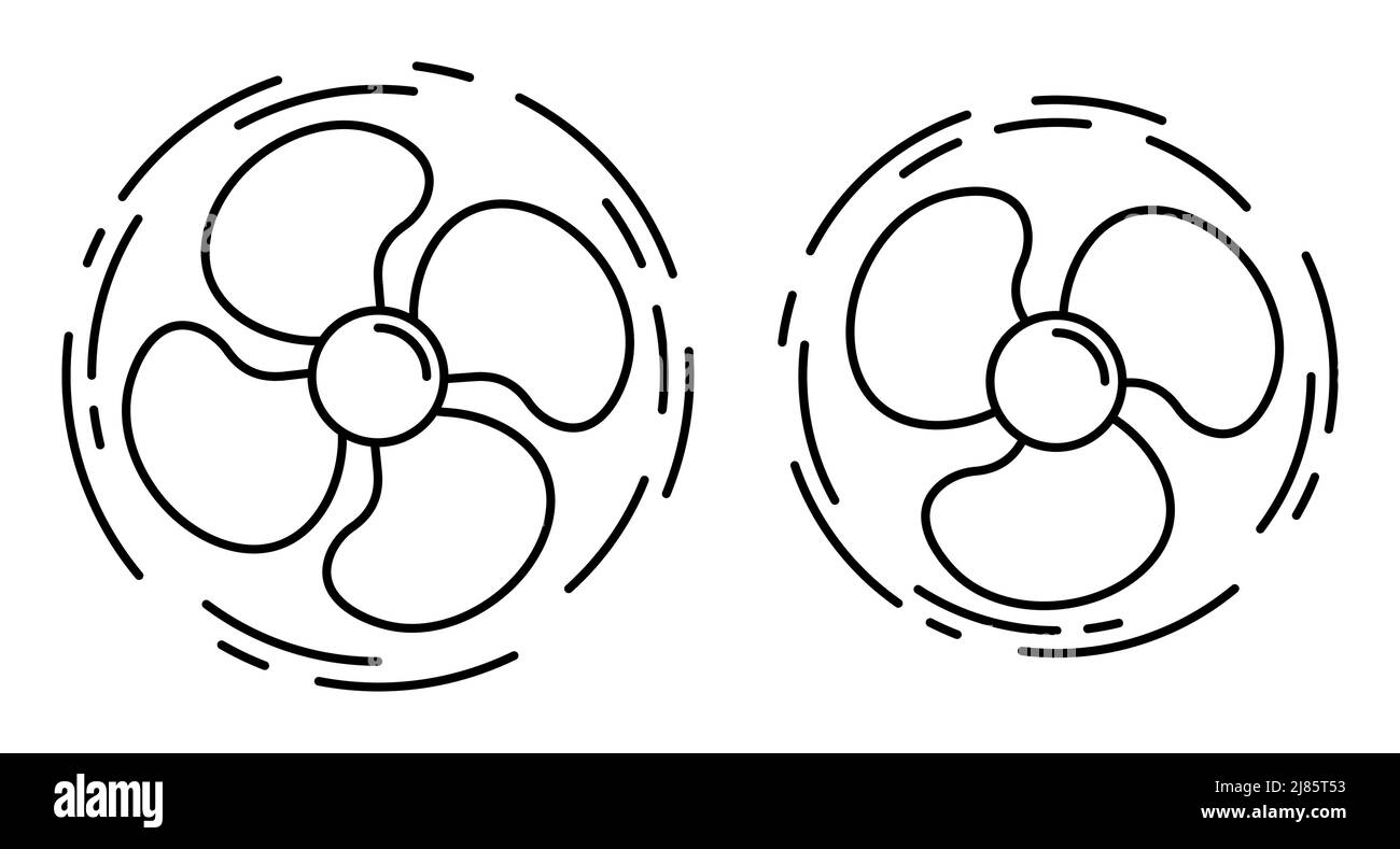 Icône linéaire, pales de l'hélice du ventilateur. Rotation de turbines à trois et quatre pales. Vecteur noir et blanc simple isolé sur fond blanc Illustration de Vecteur