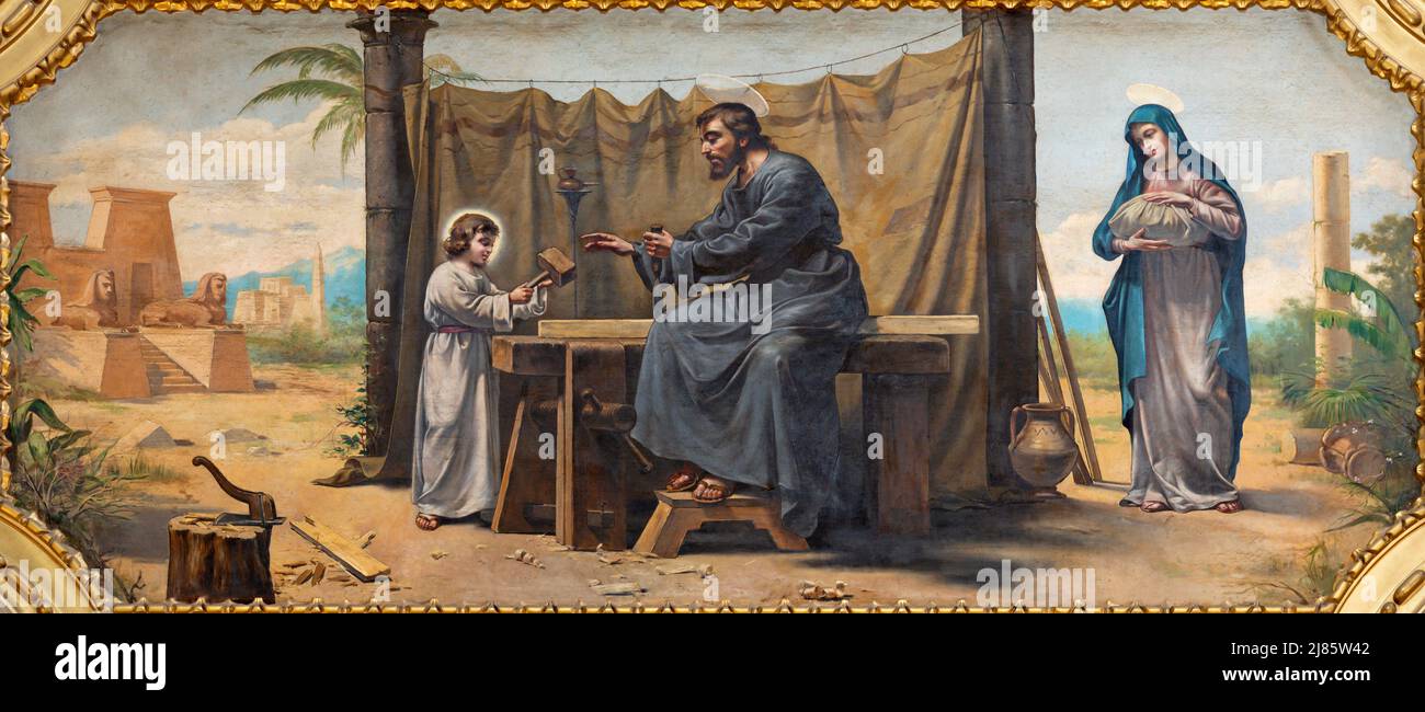 VALENCE, ESPAGNE - 17 FÉVRIER 2022 : la peinture de la Sainte famille dans l'église Basilique Sagrado Corazon à partir de 20. Cent. Banque D'Images