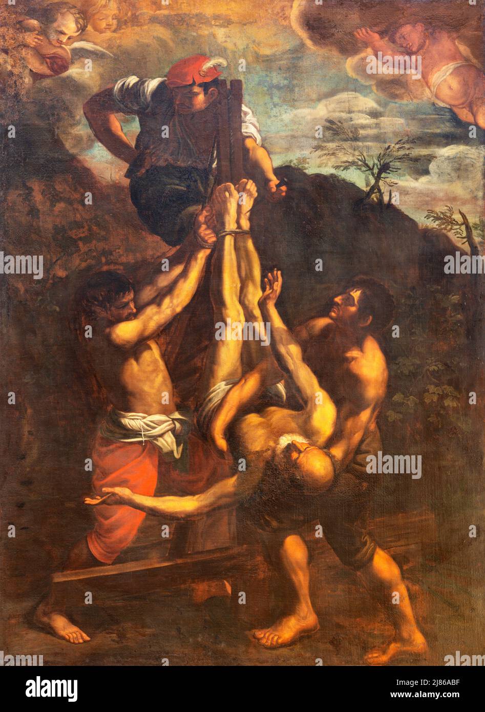 MONOPOLI, ITALIE - 6 MARS 2022 : la peinture de la crucifixion de Saint-Pierre dans l'église Chiesa di Santa Theresia comme copie après Guido Reni. Banque D'Images MONOPOLI, ITALIE - 6 MARS 2022 : la peinture de la crucifixion de Saint-Pierre dans l'église Chiesa di Santa Theresia comme copie après Guido Reni. Banque D'Images