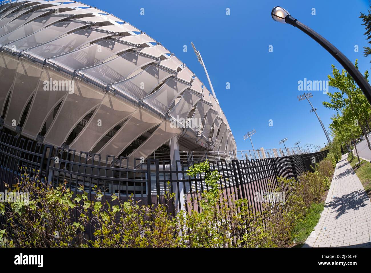 Vue à l'œil nu du stade Grandstand au centre de tennis national de l'USTA Billie jean King à Flushing Meadows Corona Park à Queens, New York. Banque D'Images