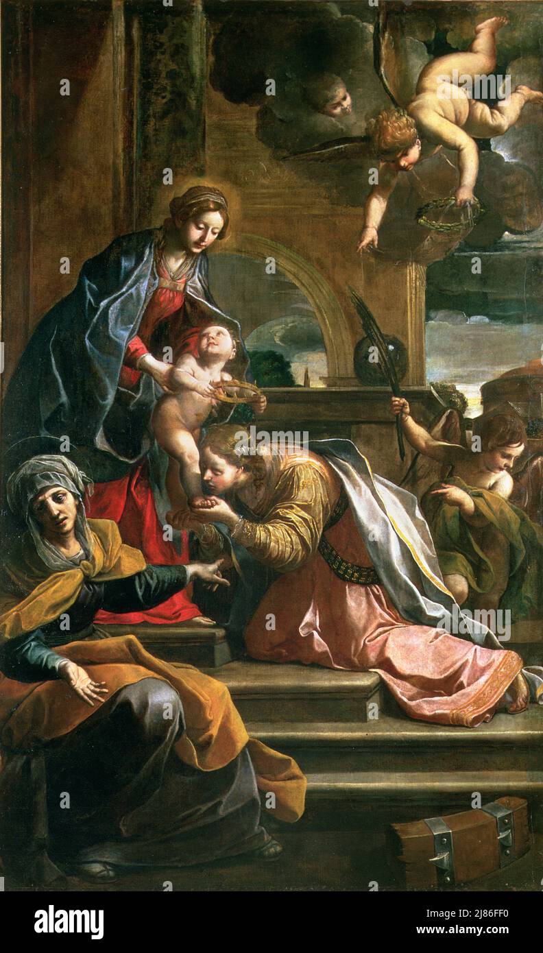 Madonna et l'enfant avec les saints, détail de la predella représentant l'Annonciation à Joachim et la Nativité de la Vierge (tempera sur panneau) (détail de 80340) par Mariotto di Nardo, (fl.1394-1424); Galleria dell'Accademia & Museo degli Strumenti Musicali, Florence, Toscane, Italie ; Italien, non protégé par copyright. Banque D'Images