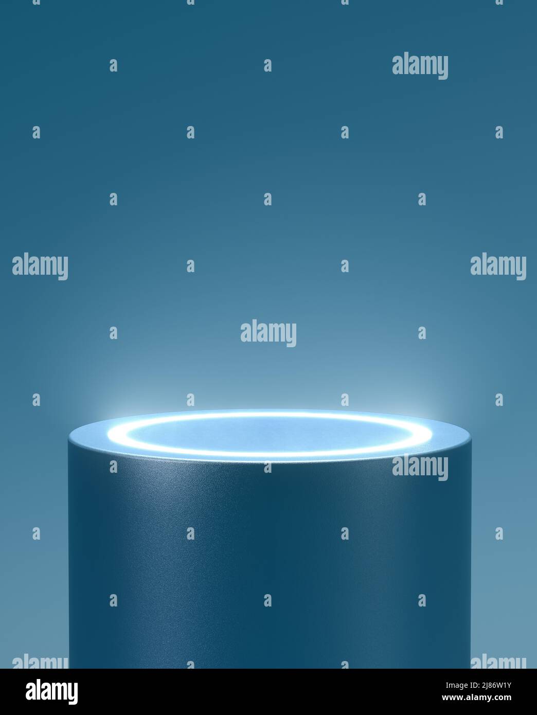 Socle cylindrique bleu vide avec cercle lumineux blanc pour le positionnement du produit. 3d modèle graphique d'ordinateur de l'emplacement d'affichage. Modèle vide et Banque D'Images