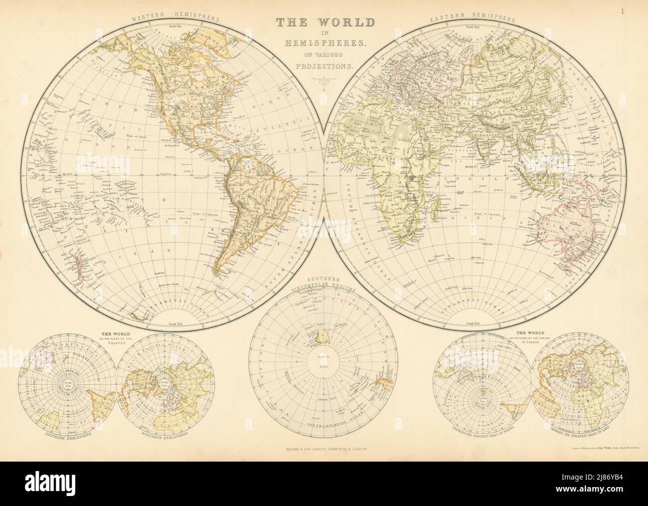 MONDE EN HÉMISPHÈRES. Avions de Londres en Antarctique équatoriale. BLACKIE 1886 ancienne carte Banque D'Images