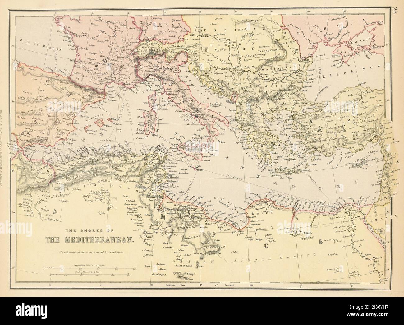 MÉDITERRANÉE. Affichage des câbles du télégraphe. CARTE ancienne BLACKIE 1886 Banque D'Images