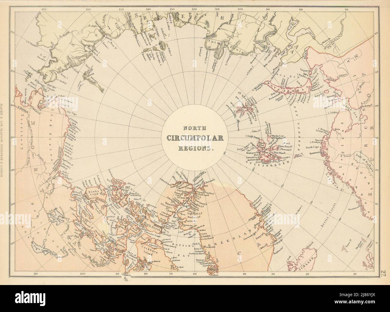 ARCTIQUE. 'Régions circumpolaires nord'. Côtes incomplètes. Exploration 1886 carte Banque D'Images