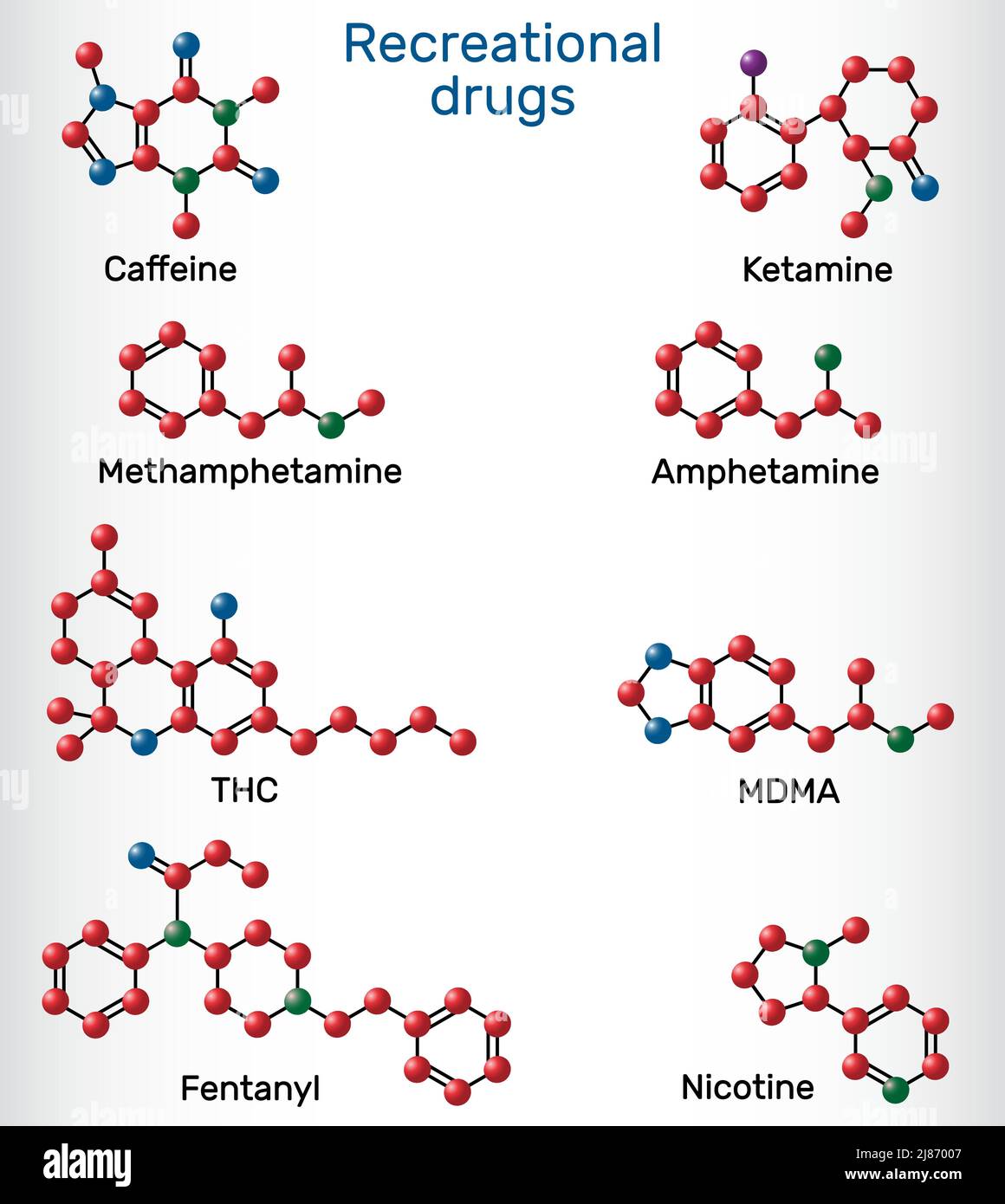 Caféine, nicotine, amphétamine, méthamphétamine (Crystal meth), MDMA, ecstasy, fentanyl, kétamine, tétrahydrocannabinol. Drogues récréatives. Vecteur Illustration de Vecteur