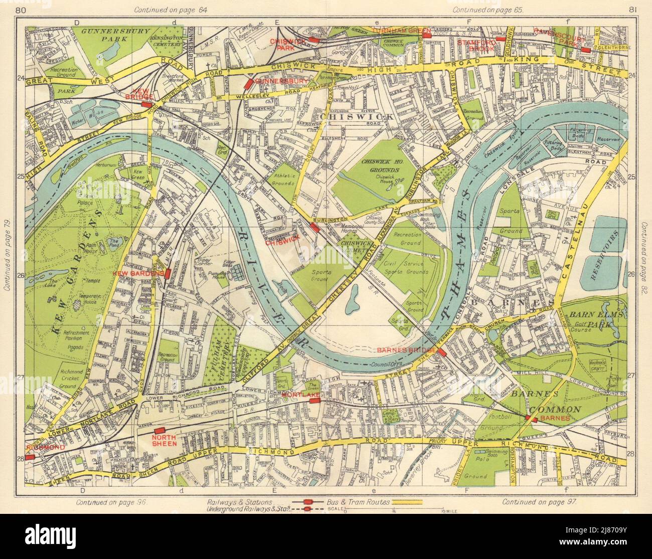 SW LONDRES. Chiswick Gunnerbsury Kew Mortlake Barnes North Sheen 1948 ancienne carte Banque D'Images