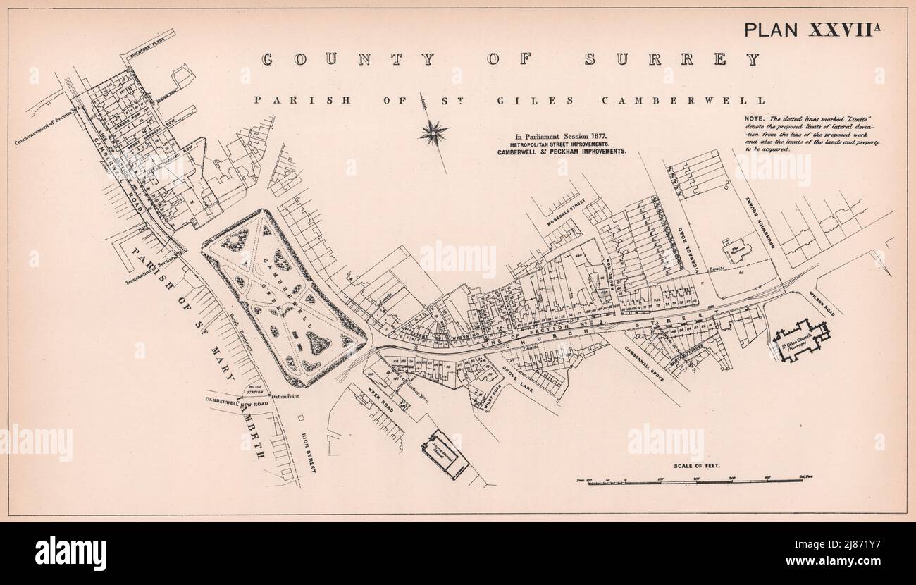 1877 Camberwell Road et Church Street élargissement. Vert. Carte de Vicarage Road 1898 Banque D'Images