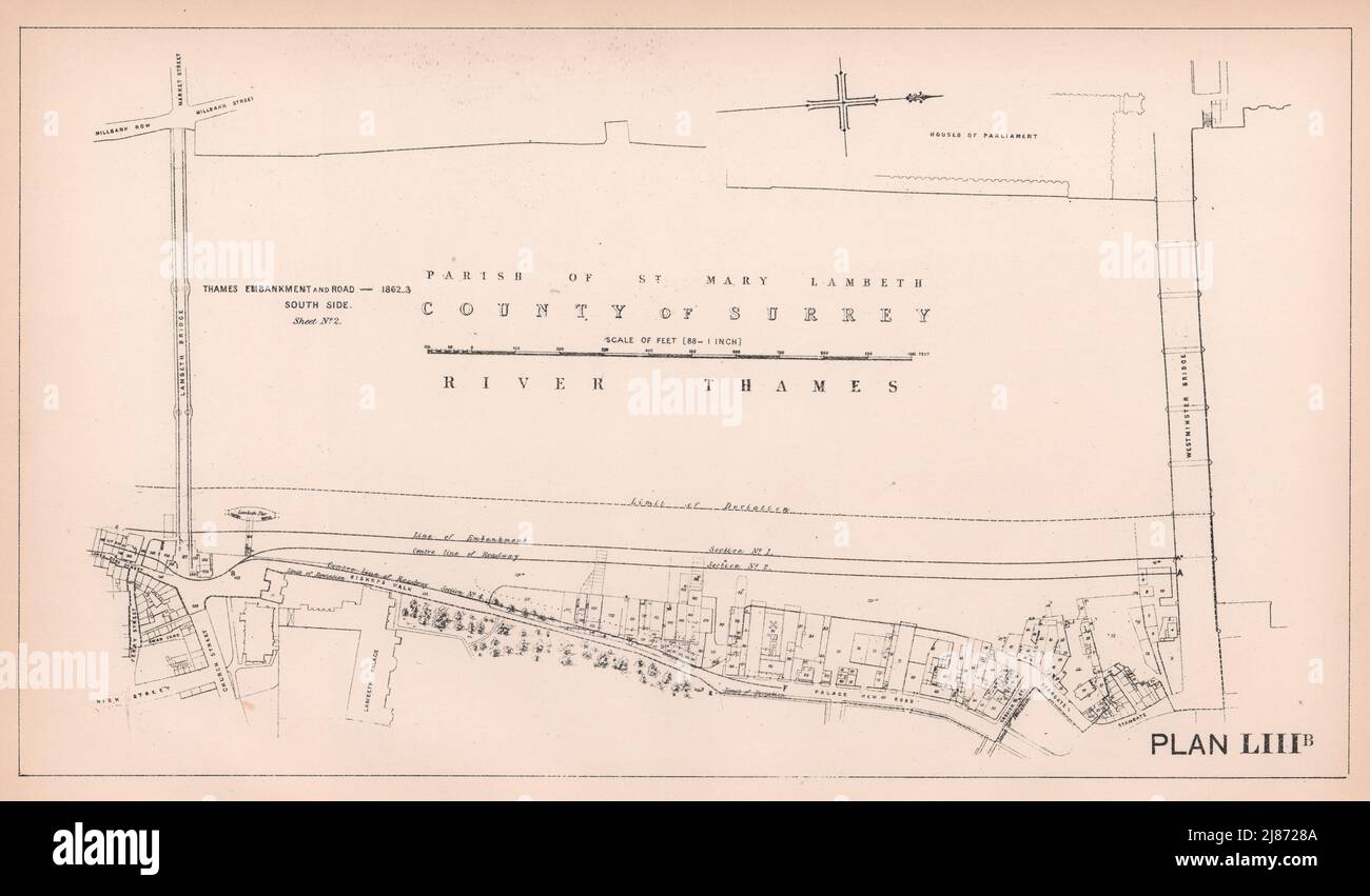 1862-3 Albert Embankment. Pont de Lambeth - Pont de Westminster. Carte de Lambeth 1898 Banque D'Images