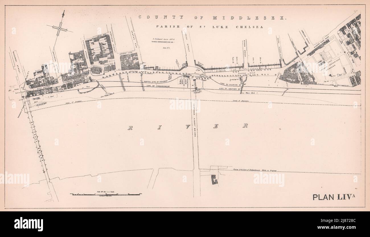 1867-8 Plan de remblai de Chelsea. Battersea Bridge - Physic Garden 1898 carte ancienne Banque D'Images