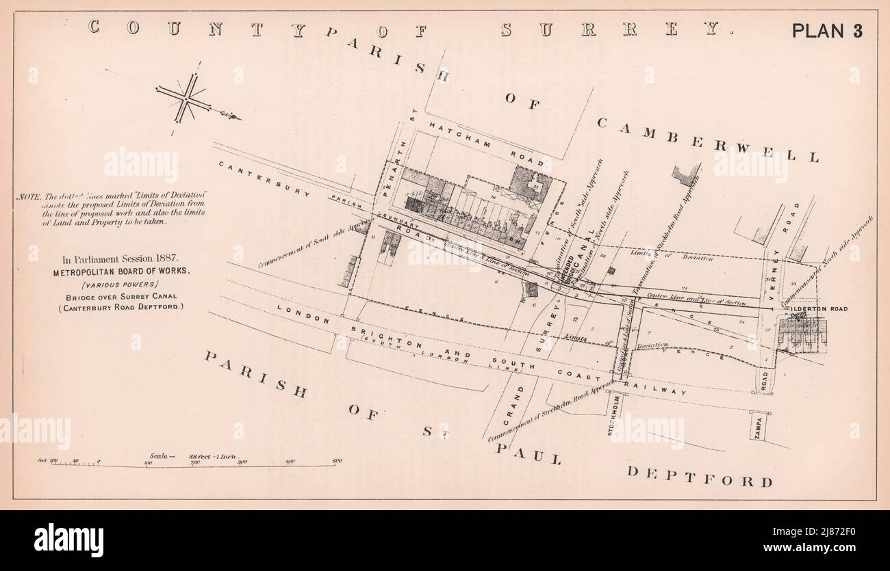 1887, chemin Ilderton, pont au-dessus du canal Surrey. Penarth Road. Carte Bermondsey 1898 Banque D'Images