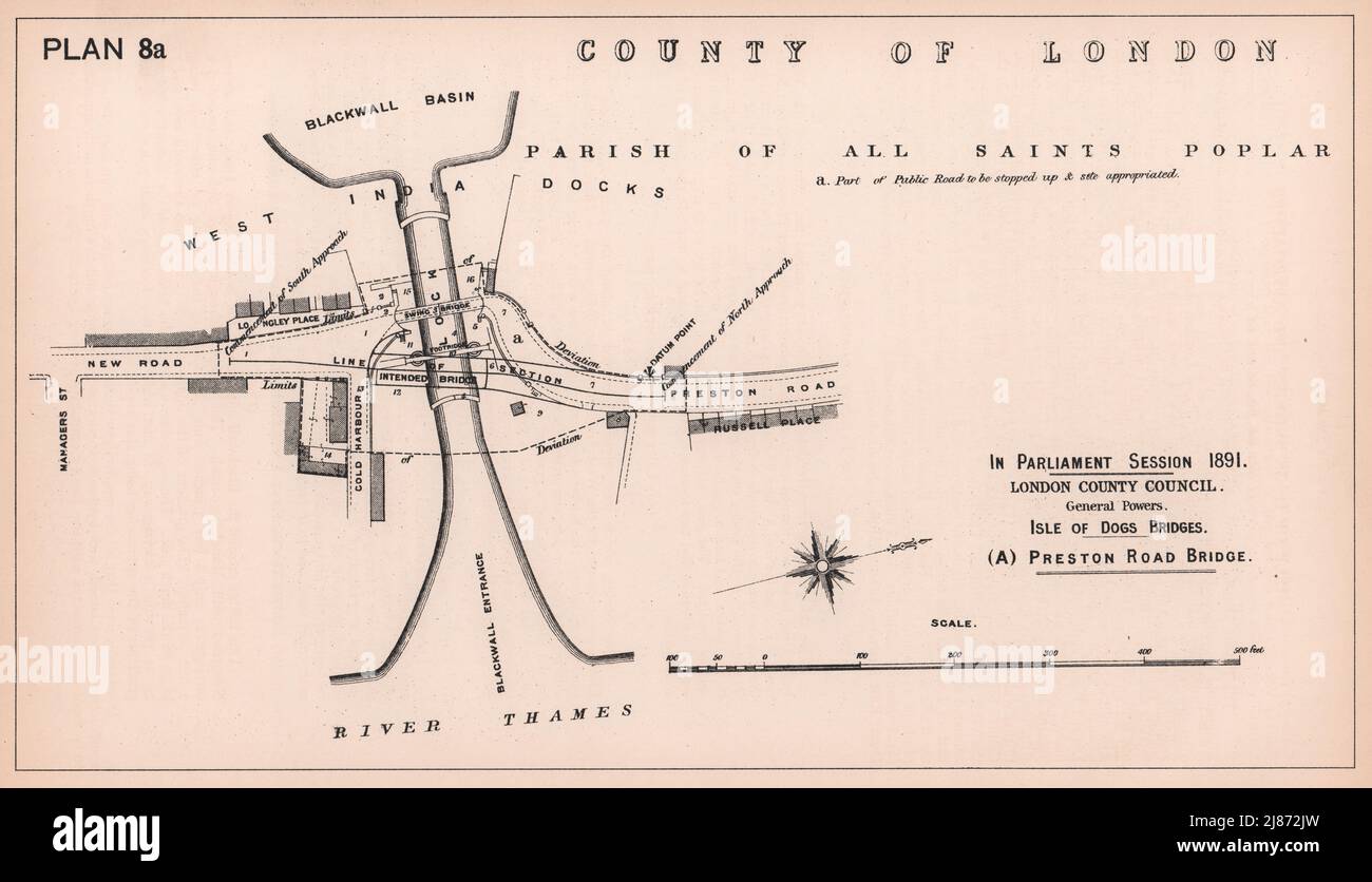 1891 entrée du bassin de l'île de Dogs Blackwall Preston's Road Bridge 1898 ancienne carte Banque D'Images