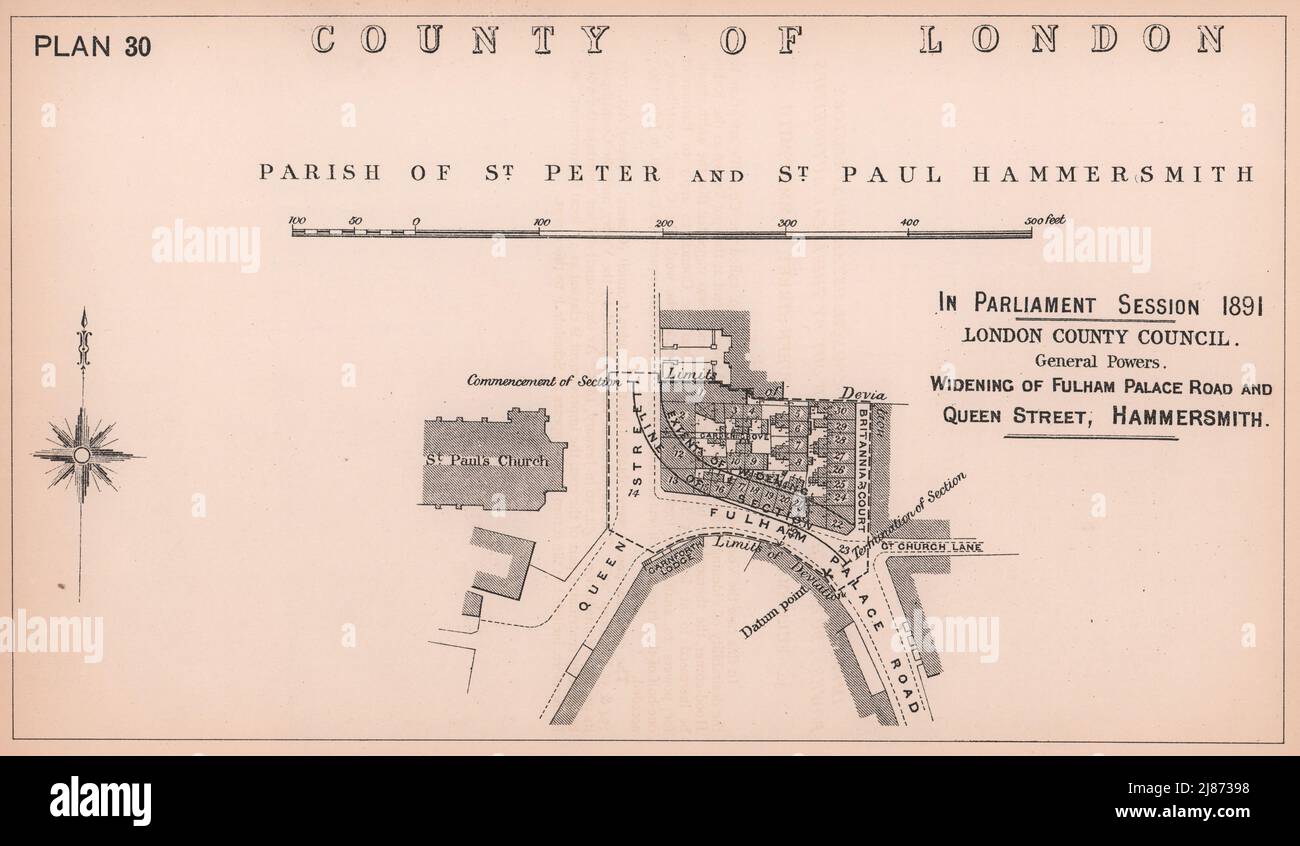 1891 Fulham Palace Road élargissement. Queen Caroline Street, Hammersmith 1898 carte Banque D'Images
