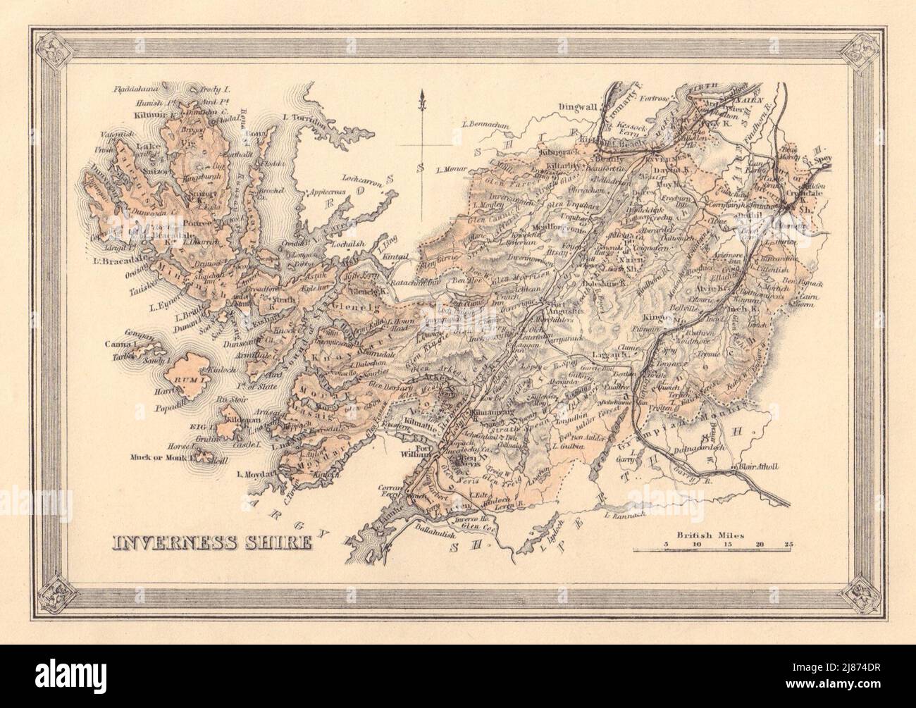 Carte décorative du comté antique d'Inverness-shire, Écosse. FULLARTON 1866 Banque D'Images