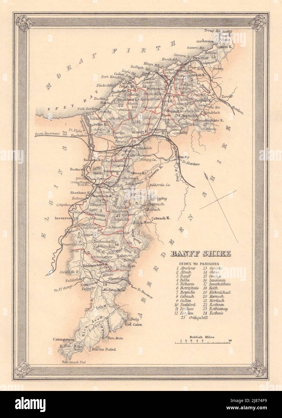 Carte décorative du comté antique de Banffshire, Écosse. FULLARTON 1866 vieux Banque D'Images