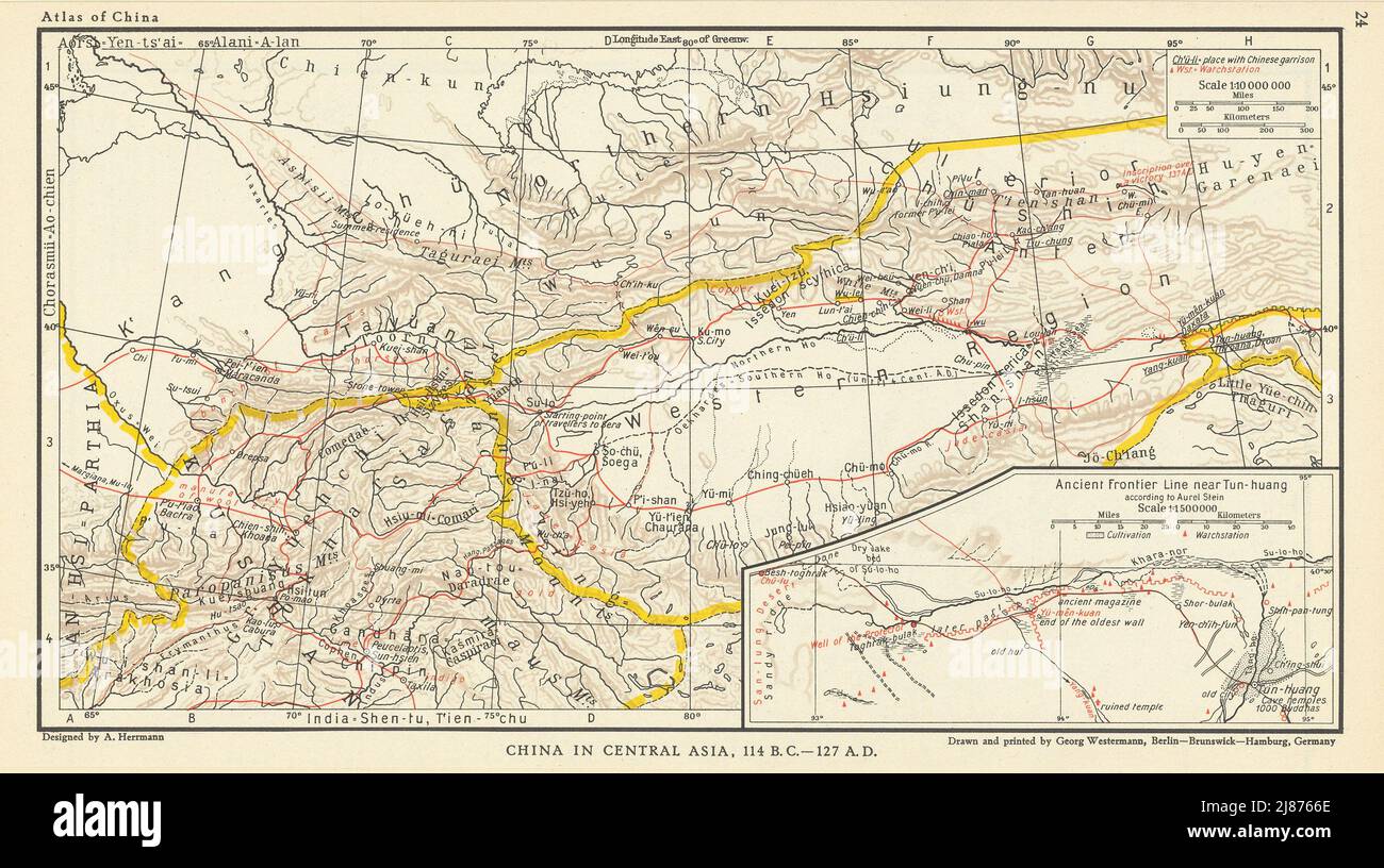 Chine en Asie centrale 114 BC-127 AD ancienne frontière près de Tun-huang 1935 carte Banque D'Images