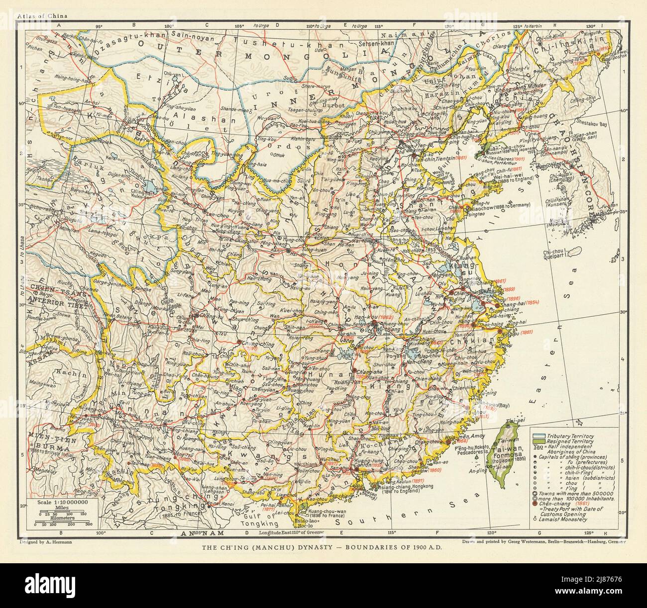 Chine. Qing (Manchu) dynastie 1900 AD frontières. Traité ports 1935 ancienne carte Banque D'Images