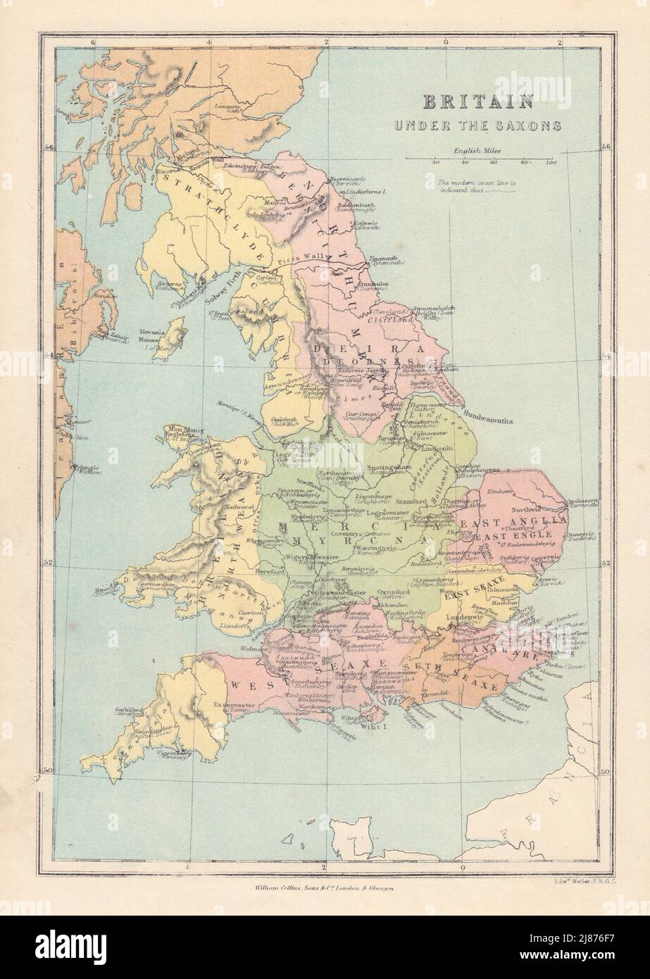 LA GRANDE-BRETAGNE SAXONNE montrant les provinces/comtés et les noms de villes saxonnes. CARTE COLLINS 1873 Banque D'Images