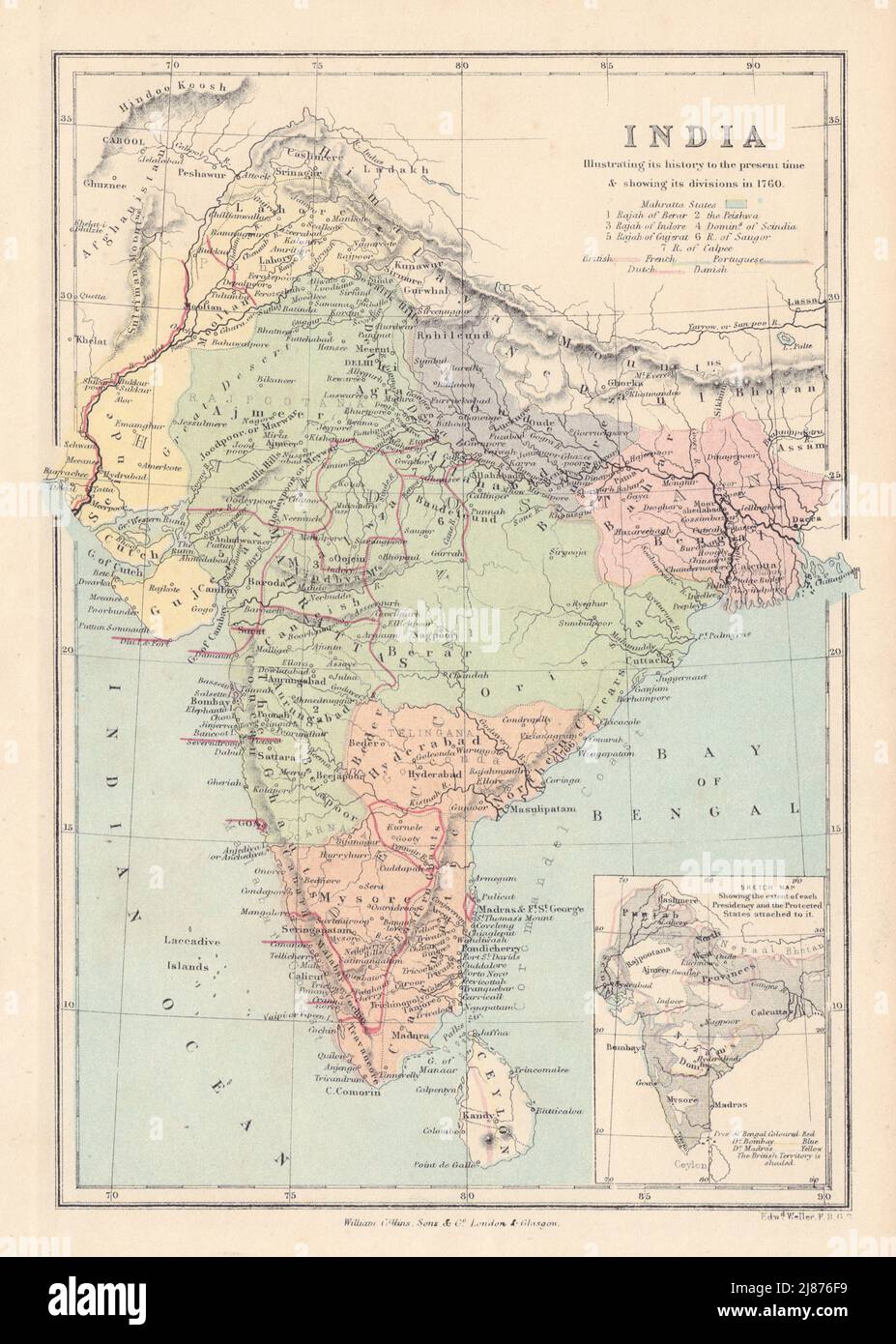 INDE 1760 présidences britannique, française, portugaise, néerlandaise, danoise COLLINS 1873 map Banque D'Images