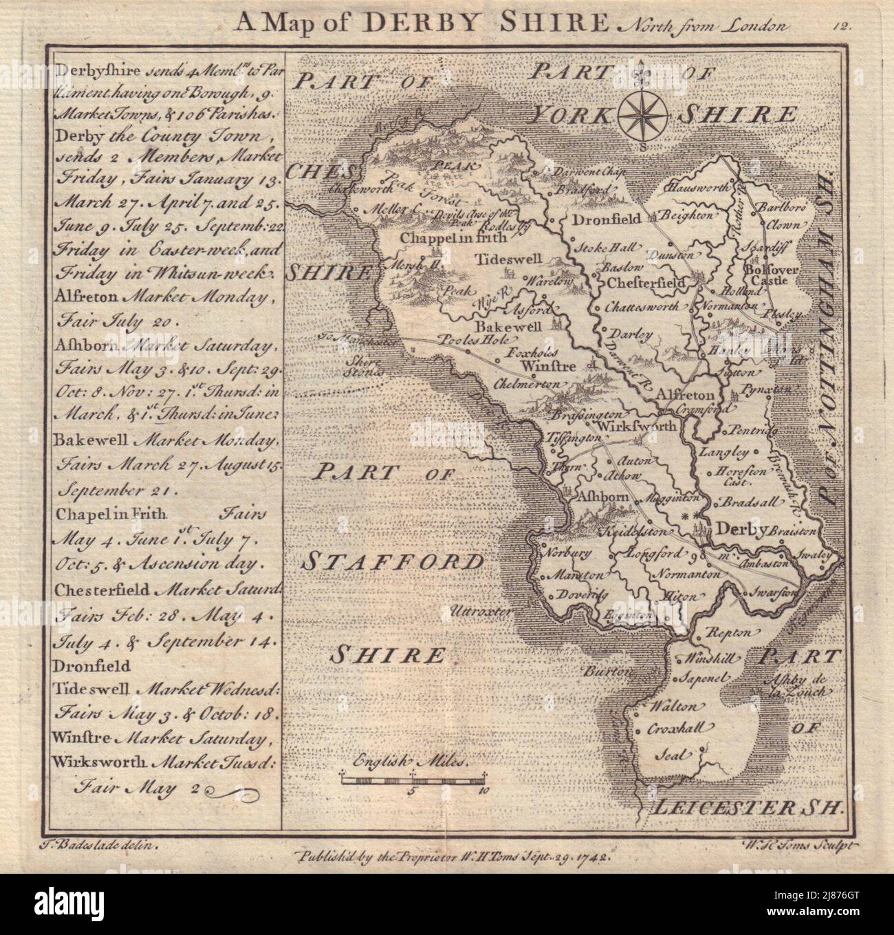 Carte du comté de Derbyshire antique par Badeslade & TOMS 1742 ancien Banque D'Images