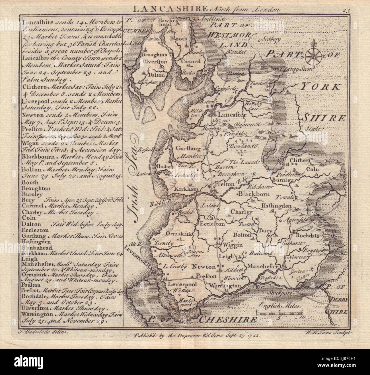 Carte du comté de Lancashire antique par Badeslade & TOMS 1742 ancien Banque D'Images