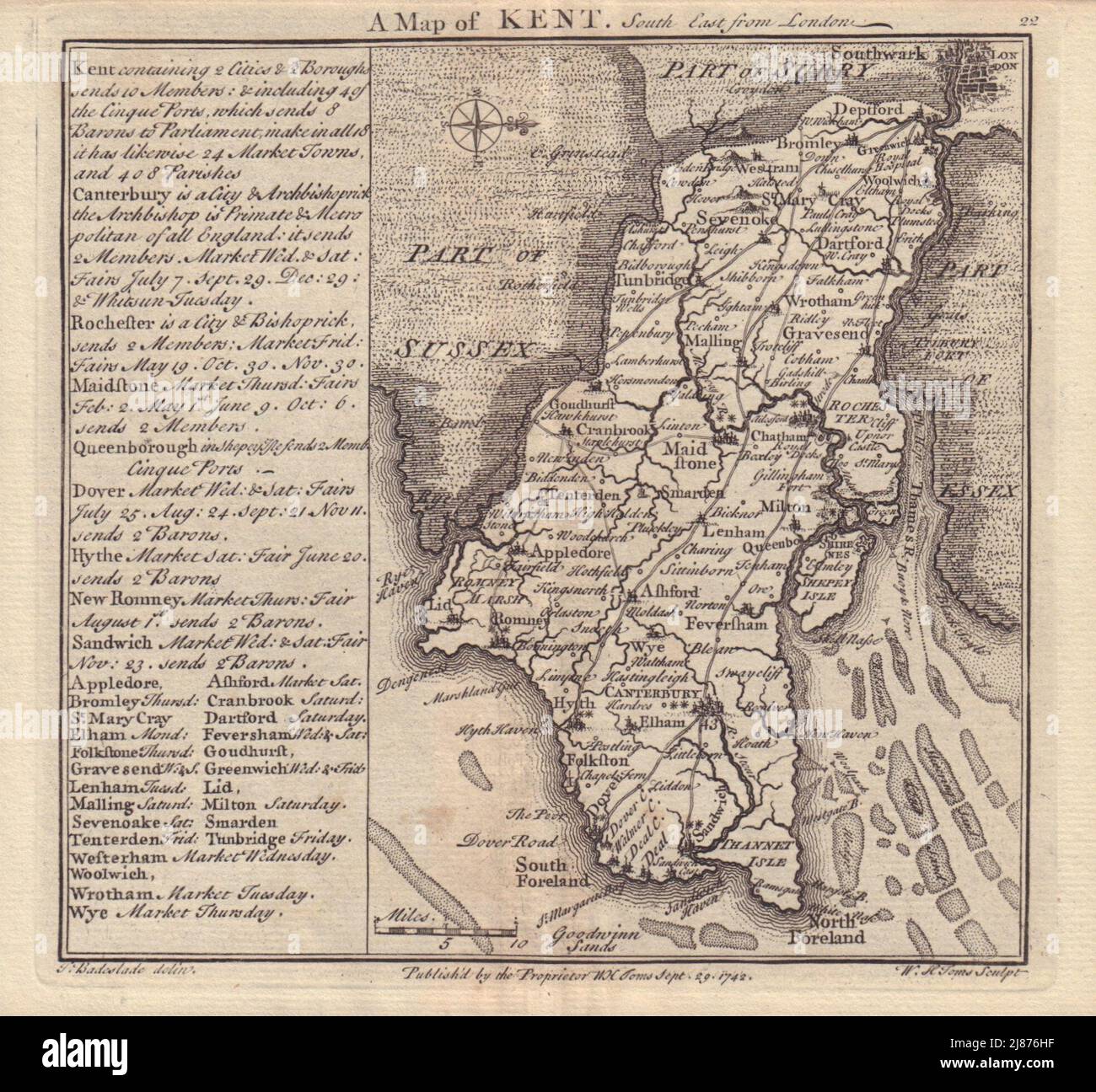 Carte du comté de Kent antique par Badeslade & Toms. L'orientation de l'Ouest 1742 ancien Banque D'Images