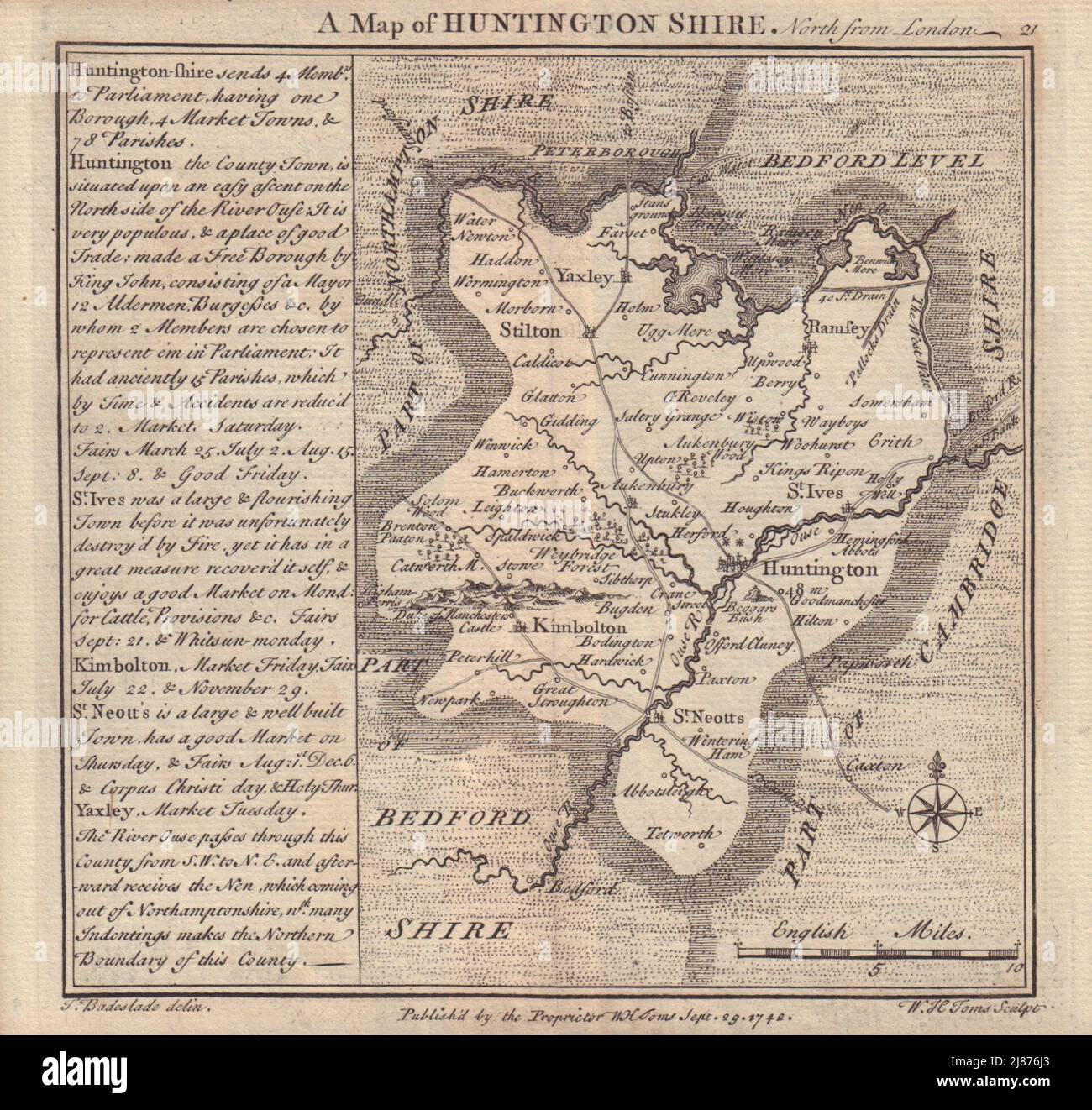 Carte du comté d'antiquités de Huntingdonshire par Badeslade & TOMS 1742 ancien Banque D'Images