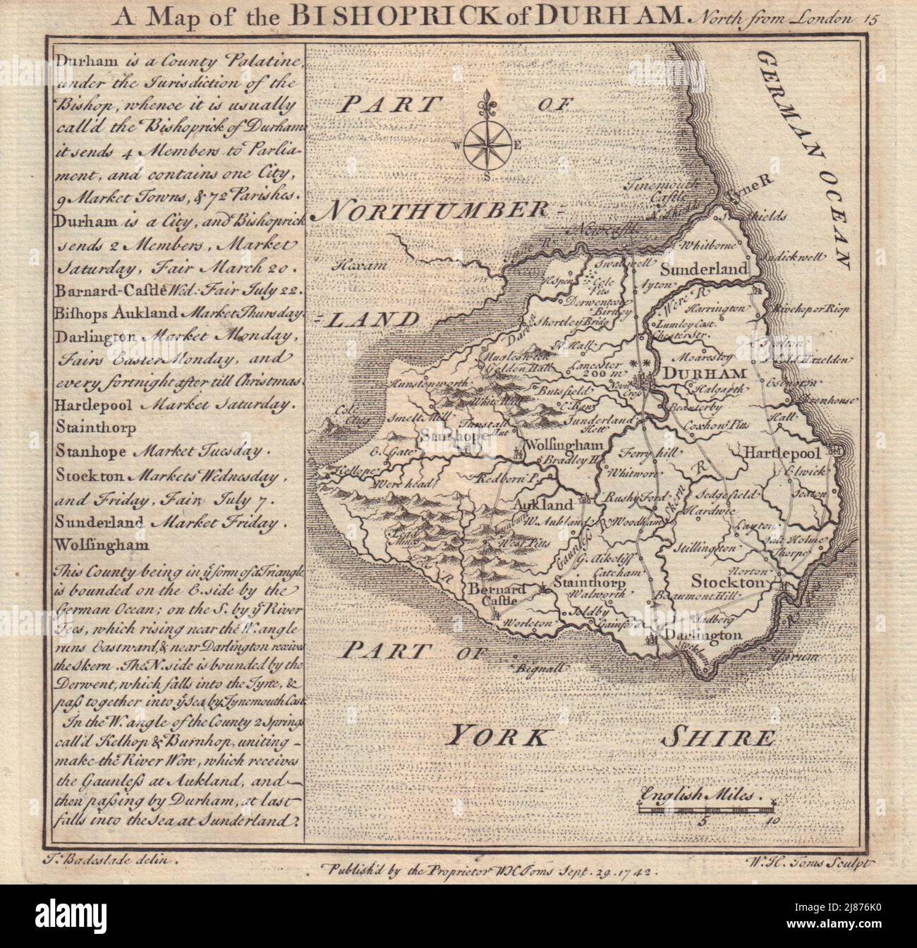 Carte du comté de l'Antique Bishoprick de Durham par Badeslade & TOMS 1742 Banque D'Images
