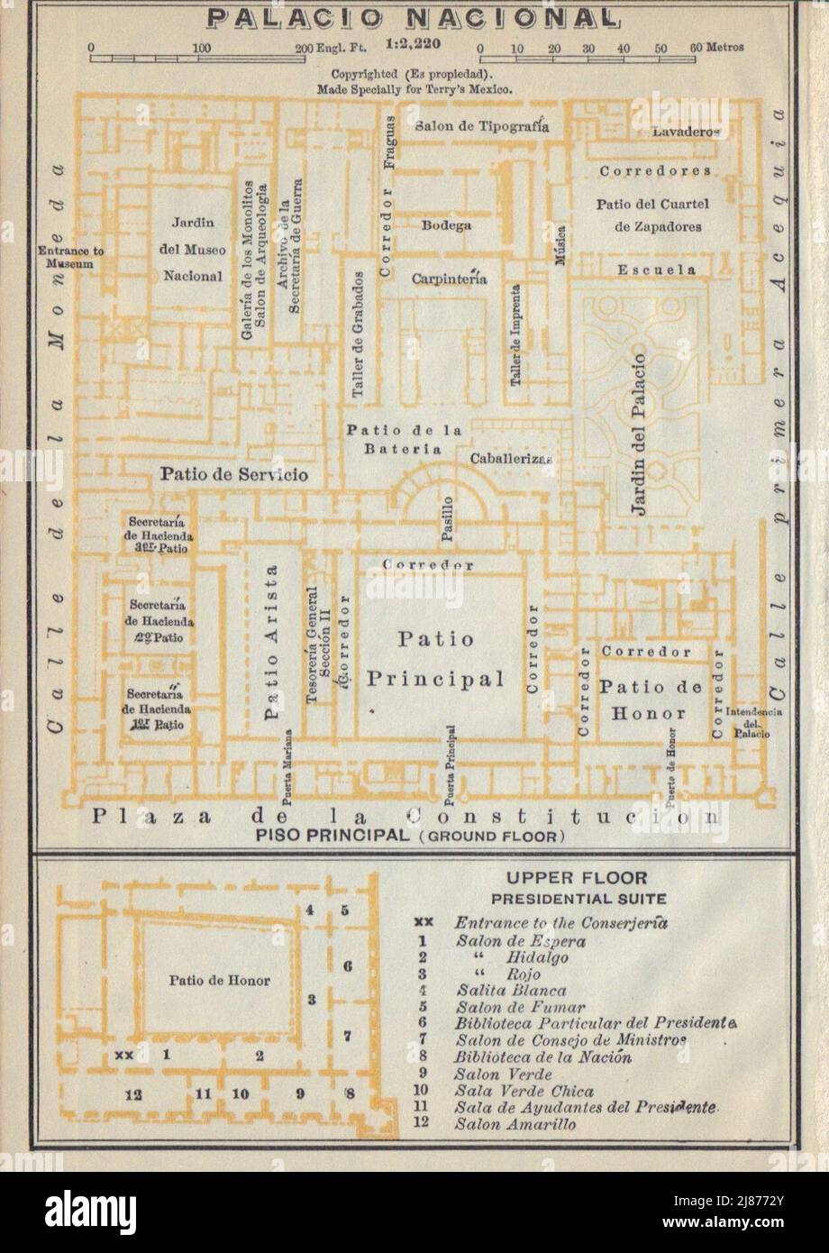 Palacio Nacional, Mexico City 1938 carte ancienne carte de plan d'époque Banque D'Images