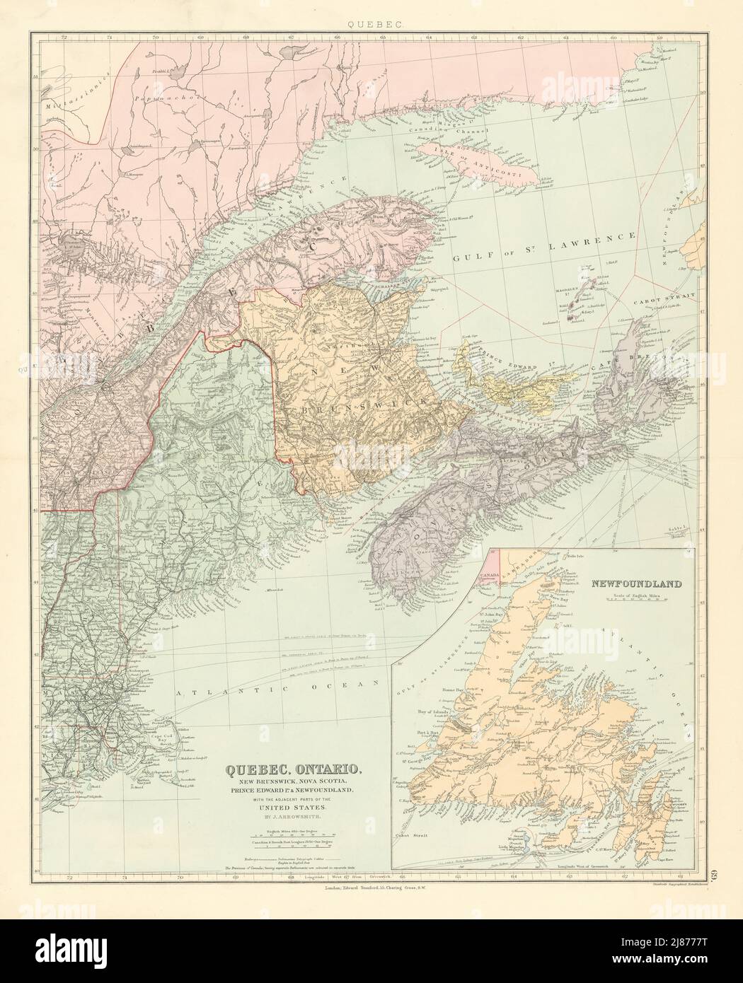Canada provinces Maritimes. Québec Nouveau-Brunswick Maine Î.-P.-É. STANFORD 1887 carte Banque D'Images