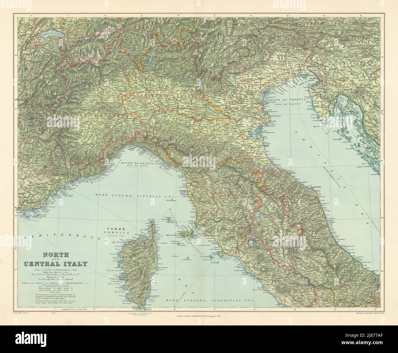 Italie du Nord. w/o Trieste Tyrol. Lombardie Piedmont Veneto & c. STANFORD 1904 carte Banque D'Images