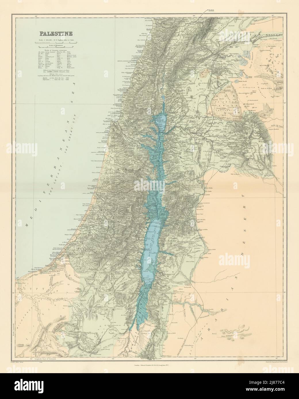 Palestine Terre Sainte Israël Liban Jordanie Syrie noms bibliques STANFORD 1904 carte Banque D'Images