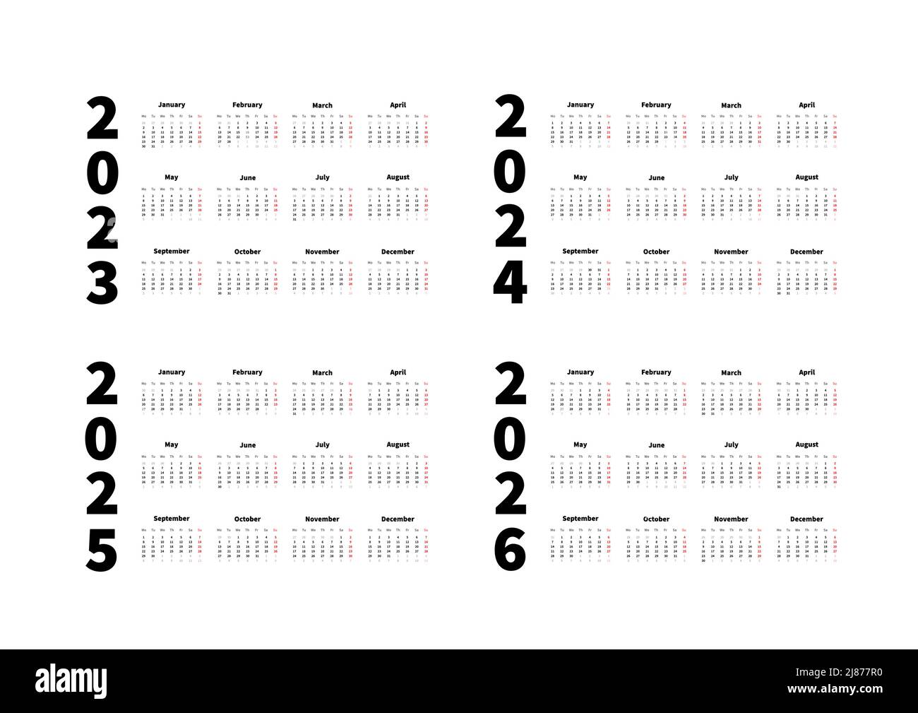 calendriers horizontaux simples de 2023, 2024, 2025, 2026 ans en anglais, calendriers typographiques en blanc Illustration de Vecteur