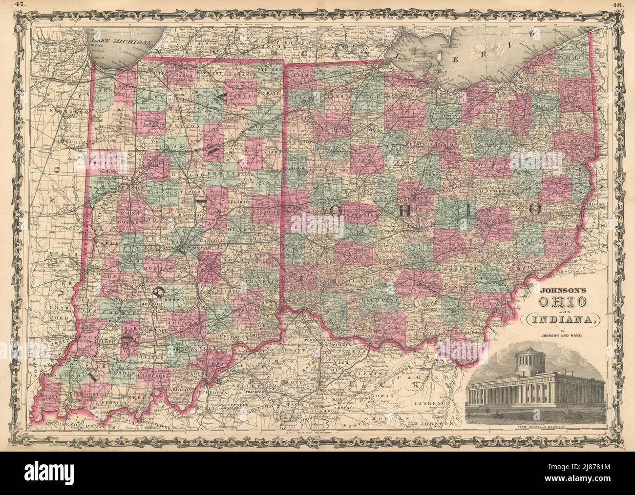 Johnson's Ohio et Indiana. Carte DE l'état DES ÉTATS-UNIS montrant les comtés 1862 anciens Banque D'Images