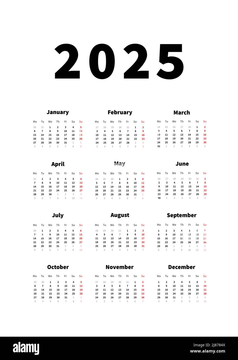 calendrier vertical simple de 2025 ans en anglais, calendrier