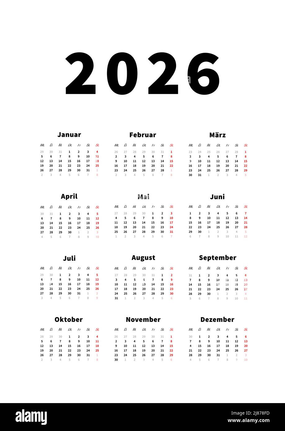 calendrier vertical simple de 2026 ans en allemand, calendrier typographique en blanc Illustration de Vecteur