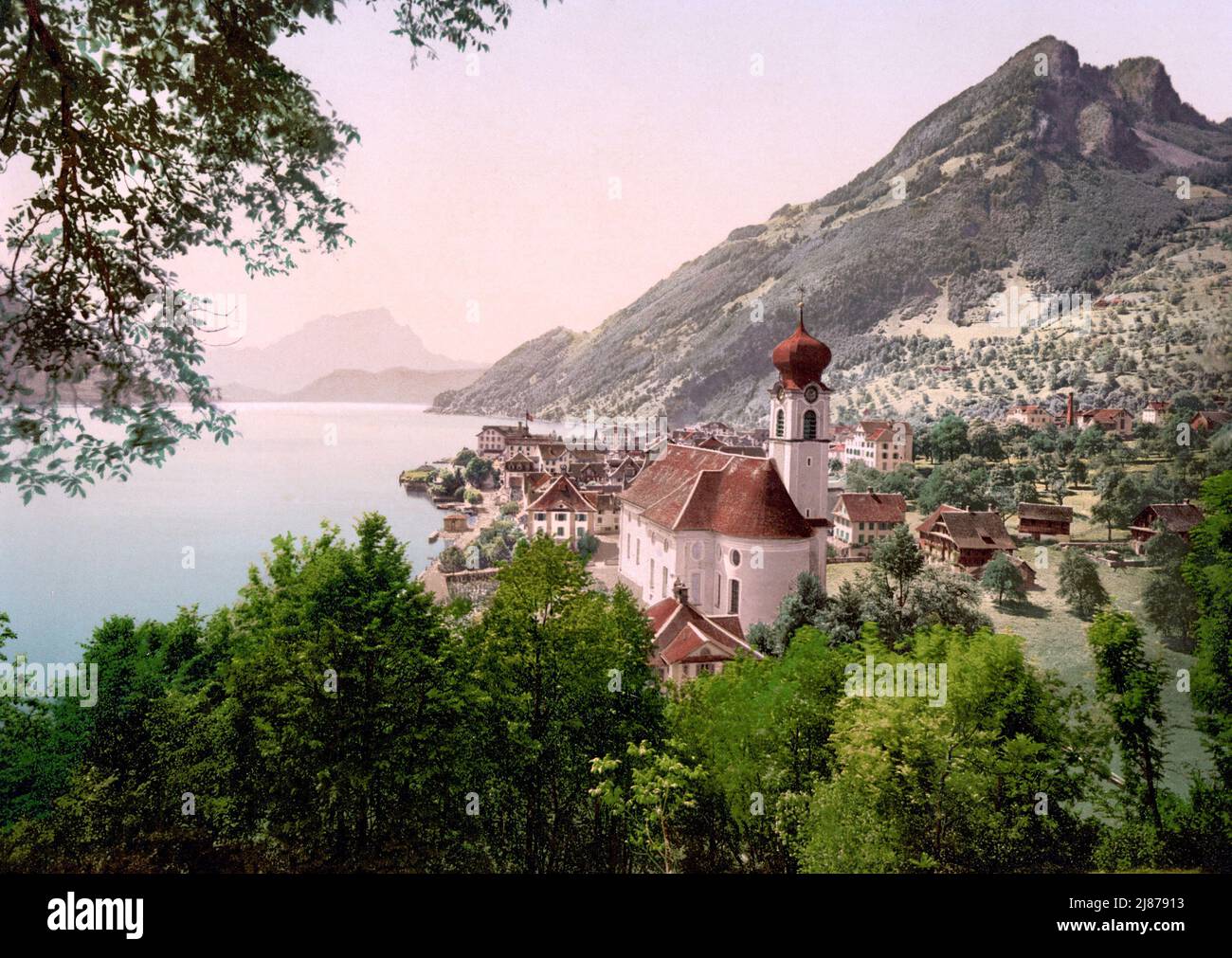 Gersau, Pilatus et lac de Lucerne, Schwyz, Suisse 1890. Banque D'Images