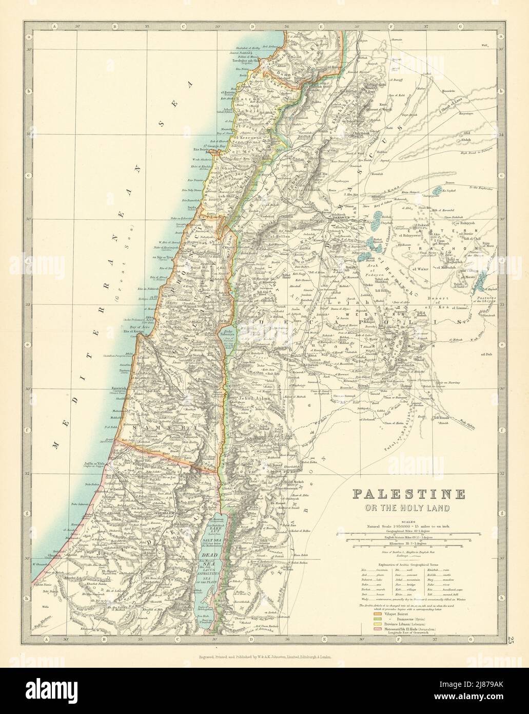 PALESTINE/TERRE SAINTE. Vilayets turcs. Israël Liban Jordanie. CARTE JOHNSTON 1911 Banque D'Images