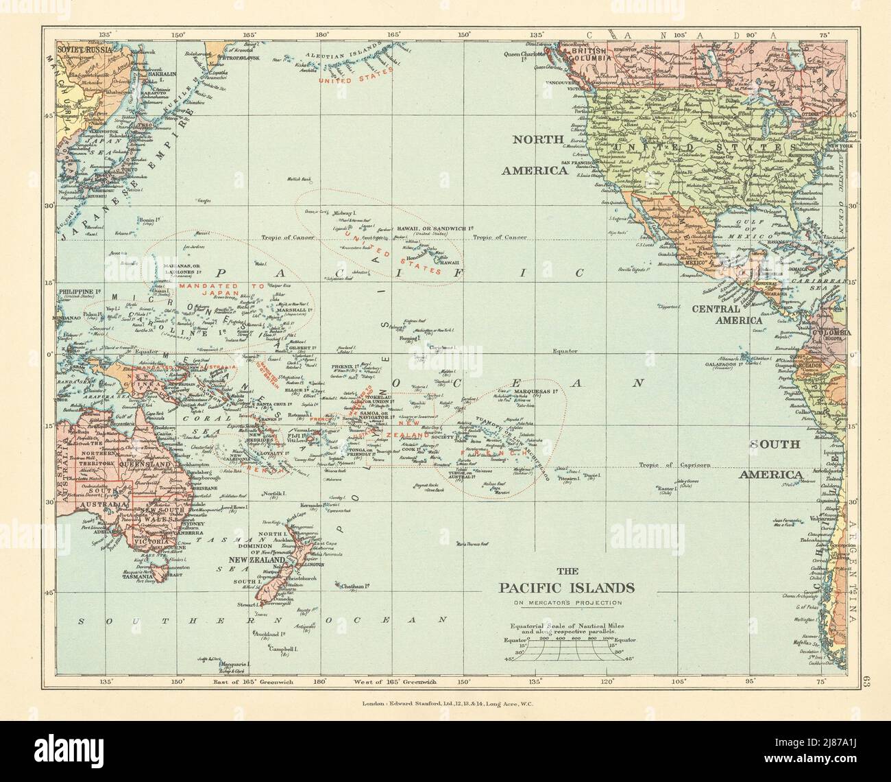 Îles du Pacifique et océan. Micronésie mandaté pour le Japon. STANFORD c1925 vieille carte Banque D'Images