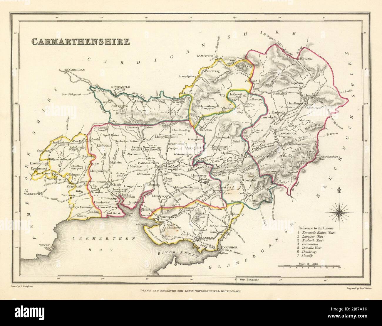 Carte antique du comté de CARMARTHENSHIRE par Creighton & Walker pour Lewis c1840 Banque D'Images