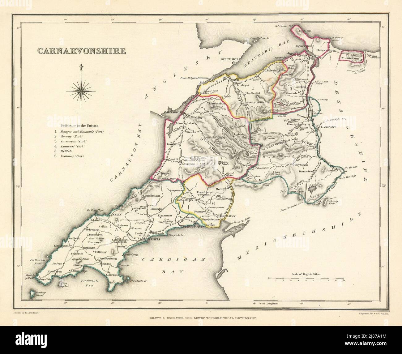 Carte antique du comté de CARNARVONSHIRE par Creighton & Walker pour Lewis c1840 Banque D'Images